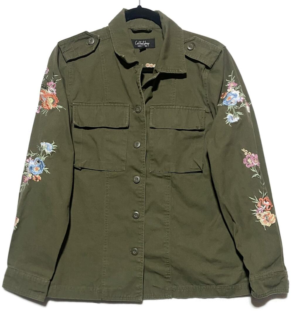 CoffeeShop New York Green Floral Embroidered Military Jacket Women’s Large